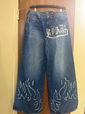Von Dutch Blue Bootcut Jeans with White Flame Detailing